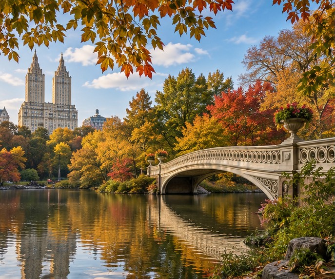 Bow Bridge entre árvores de outono no Central Park
