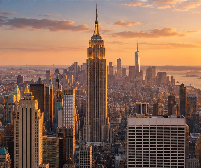 Empire State Building e o horizonte de Manhattan durante o pôr do sol