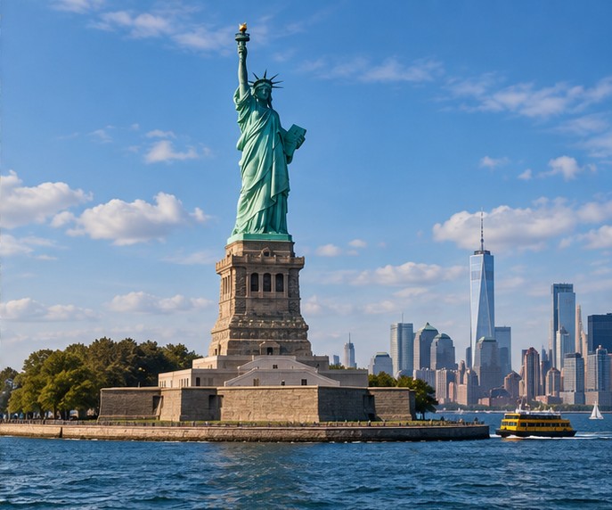 Estátua da Liberdade vista do porto, com Manhattan ao fundo