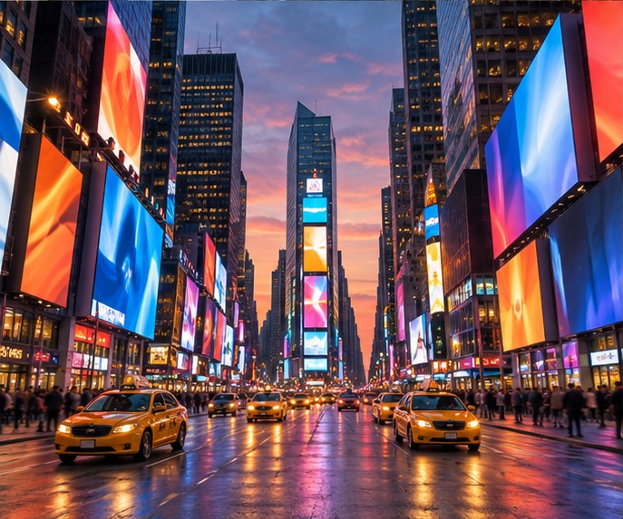 Times Square ao entardecer, com painéis luminosos e táxis amarelos